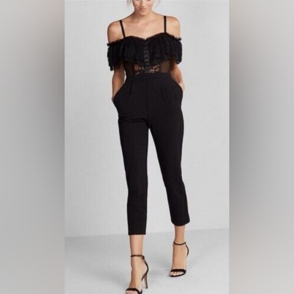 Express women's size black lace off the shoulder bodice straight leg jumpsuit